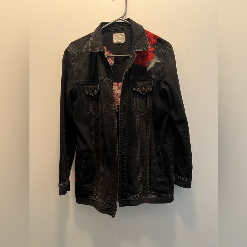 American Eagle Denim Jacket with Red Floral Embroidery